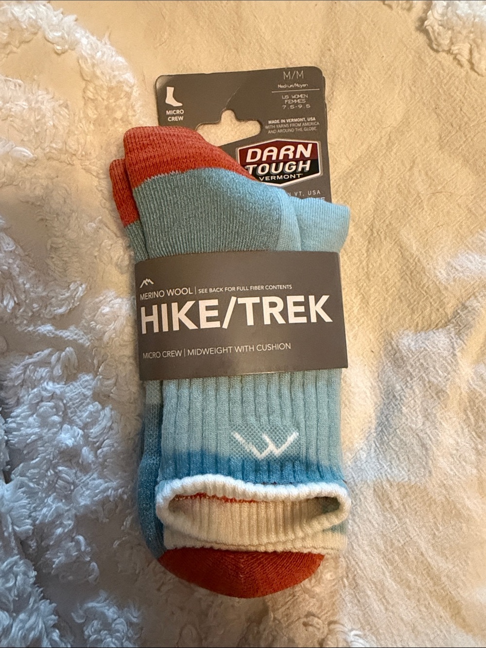 Merino Wool Women's Crew Socks - Light Blue with Orange Accents